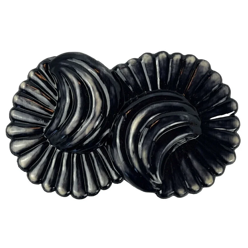 Vintage Belt Buckle Plastic Black Swirl Double Flower Shell Design